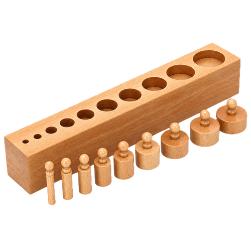 Wooden Montessori peg board and matching wooden pegs, shown on a clean white background.